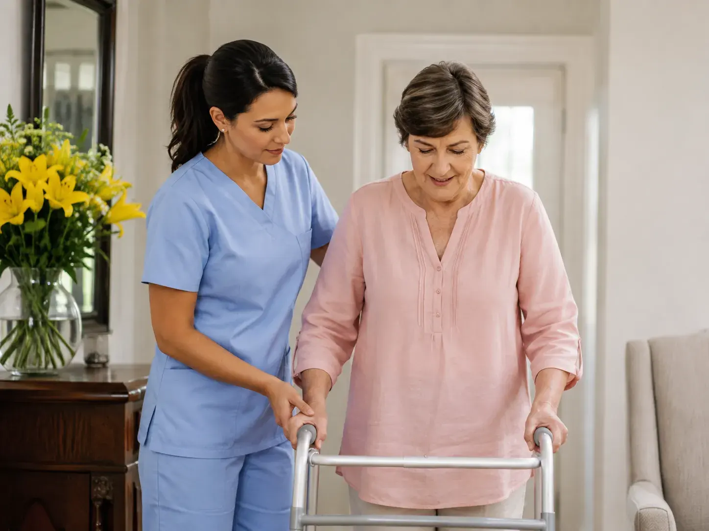 An LMCC nurse helping an elder walk with her walker